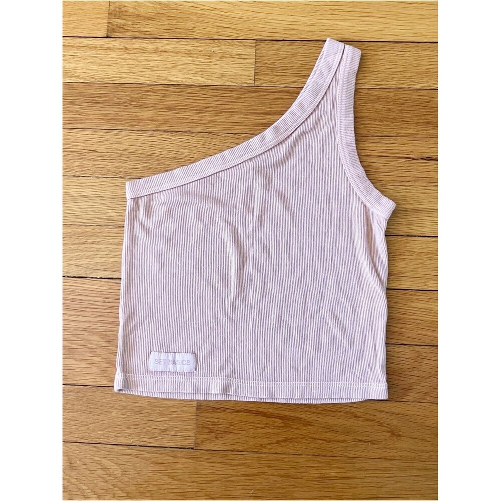 Set Active Beige Neutral Basic Ribbed One Shoulder Tank Top XS Extra Small